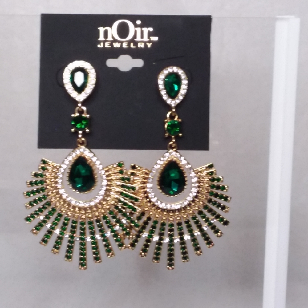 Dangle Pierce Earrings Gold Tone Green Clear Rhinestones nOir